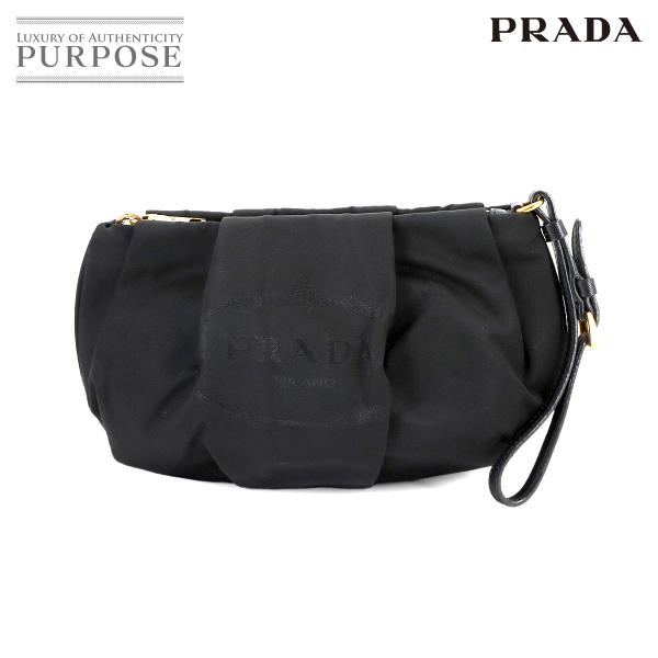 美品 プラダ PRADA ポーチ ナイロン サフィアーノレザー ブラック 1N1422 ゴールド 金...