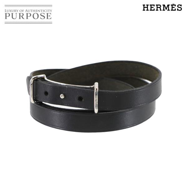 美品 エルメス HERMES アピ2 ドゥブルトゥール ブレスレット レザー ブラック シルバー 金...