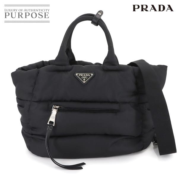 新品同様 プラダ PRADA ボンバー 2way ハンド ショルダー バッグ ナイロン レザー ネロ...