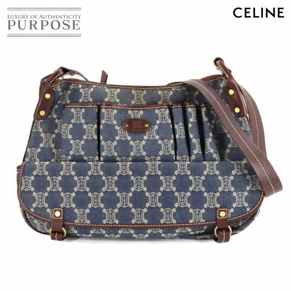 新品同様 セリーヌ CELINE マカダム ショルダー バッグ デニム レザー ブルー ブラウン ヴ...