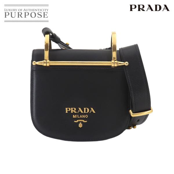 新品同様 プラダ PRADA ショルダー バッグ レザー ブラック 1BH070 ゴールド 金具 ロ...