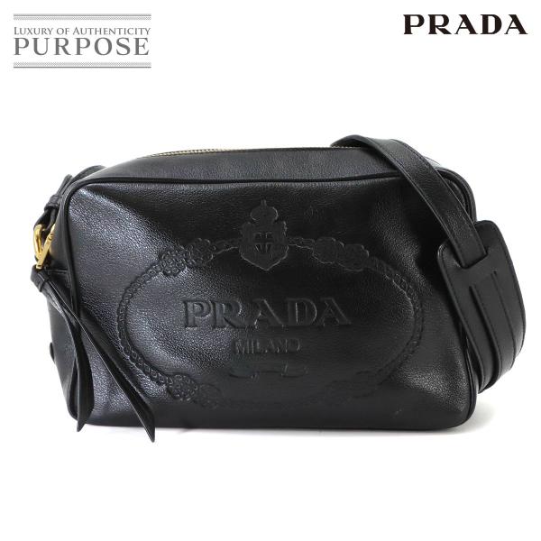 新品同様 プラダ PRADA ロゴ ショルダー バッグ レザー ブラック 1BH089 ゴールド 金...