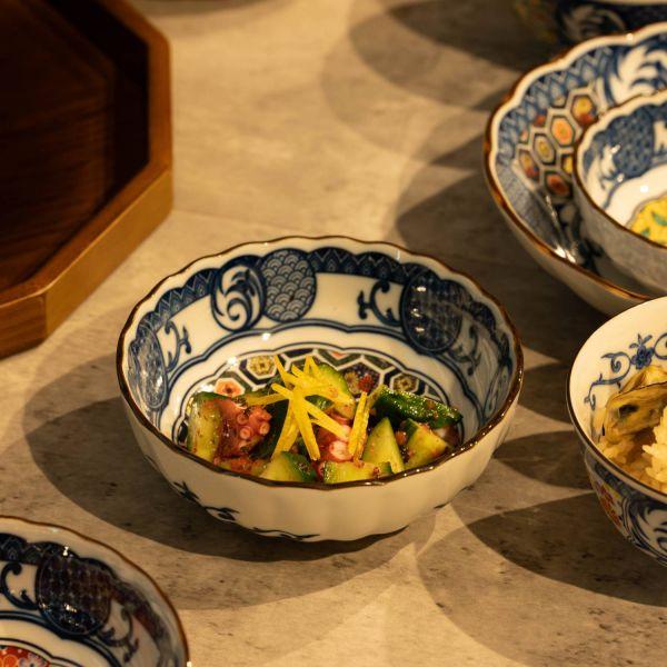 美濃焼 Mmode マルサン近藤 藍染小紋アイゾメコモン 4.5寸鉢(14cm)亀甲　　日本製