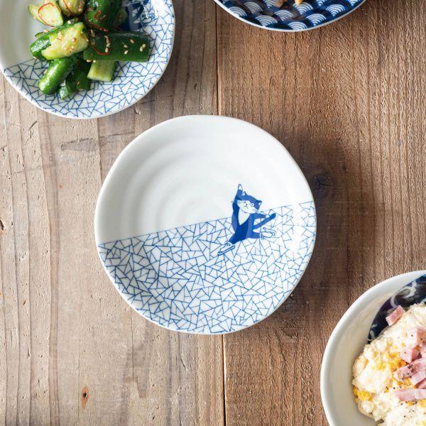 美濃焼 猫 シチタ ソメネコ 16.5cm皿 氷裂紋 日本伝統模様　　日本製