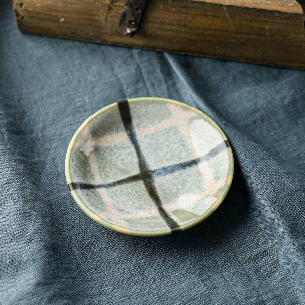 美濃焼 ブラッシュカラー small plate グリーン格子 9 cm　　日本製