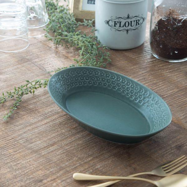 美濃焼 プレス・ド・フラワー  26.5cmオーバルベーカー マットグリーン　　日本製