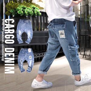 子供服 キッズ ロングパンツ ルーズフィット ストレッチ デニム カーゴパンツ サルエル USED加工 ジーンズ Gパン 男の子女の子 男児女児 ジュニア  韓国こども服