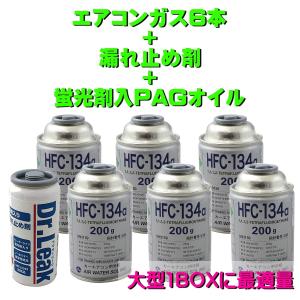 カーエアコンガス R134A 漏れ止め 交換セット 大型ワンボックス自動車用 日本製（ 134aガス200g缶 6本+蛍光剤漏れ止め剤・PAGコンプレッサーオイル50g １本）｜pvd1