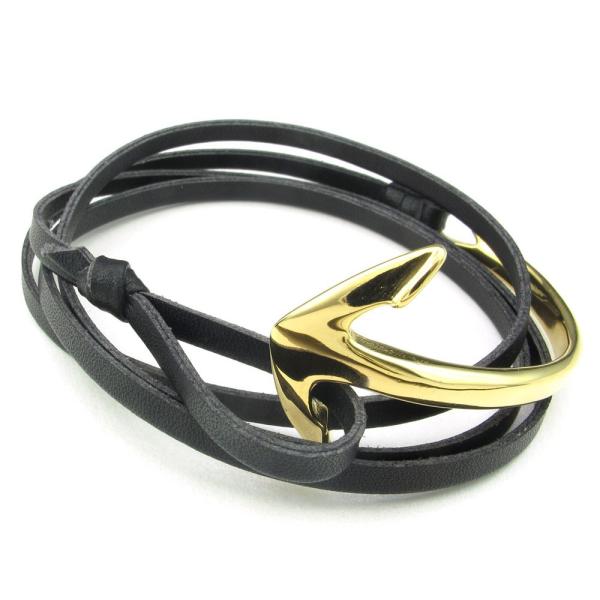 PW 高品質本革とステンレス 船の錨 黒 ラップブレスレット / 周囲180ミリ 幅31ミリ 金色 ...
