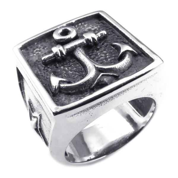 PW 高品質チタンとステンレス 五芒星x船の錨 カレッジ指輪 / ペンタグラム アンカー シルバー ...