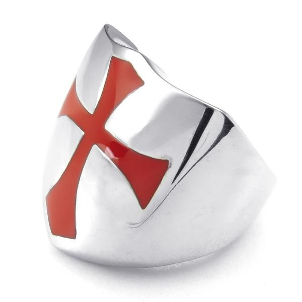 PW 高品質チタンとステンレス テンプル騎士団 十字軍 指輪 / 盾 赤 クロス ワッペン シルバー...