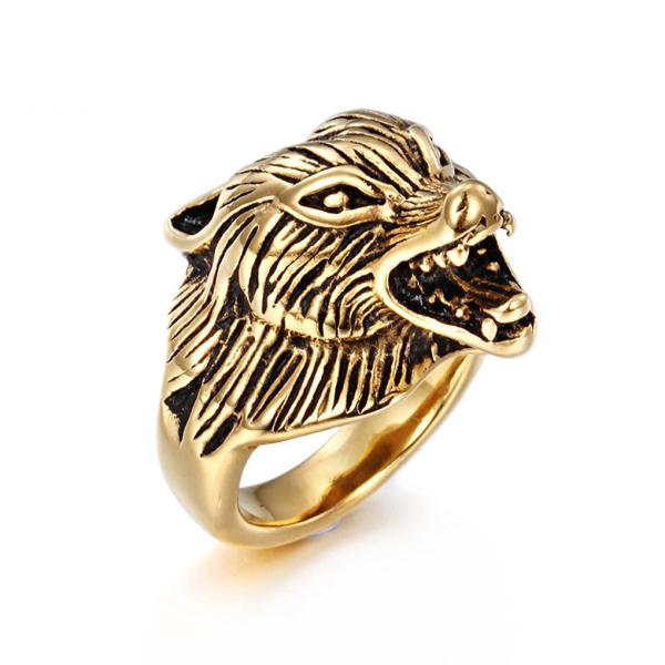 リング[ラッピング対応] PW 高品質316Lステンレス ゴールド金 吠える狼のモチーフ リアスのウ...
