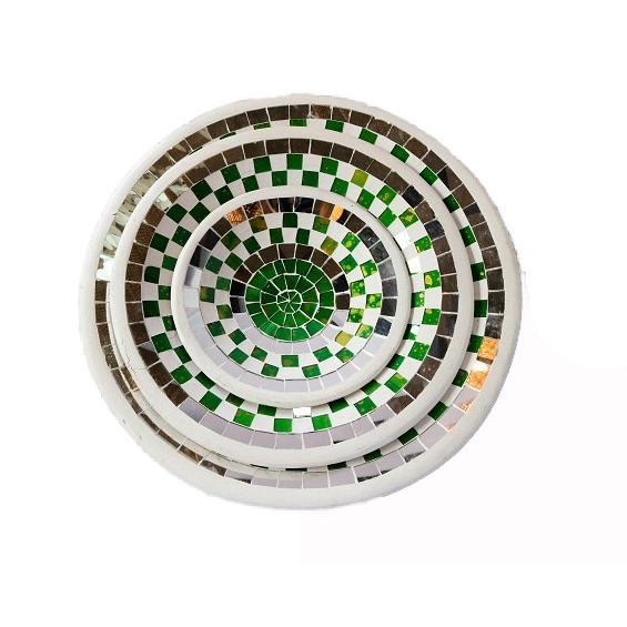 ミラーデザイン皿（丸型・緑19ｃｍ）テラコッタ　トレイ　小物入れ　モザイクガラス　アジアン　バリ　雑...