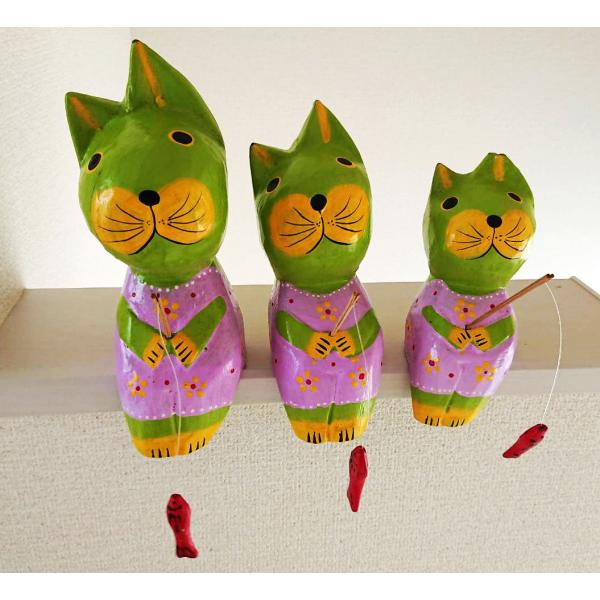バリ猫 木製 ネコ 猫 釣り 3匹セット（黄緑）置物 アジアン バリ 雑貨