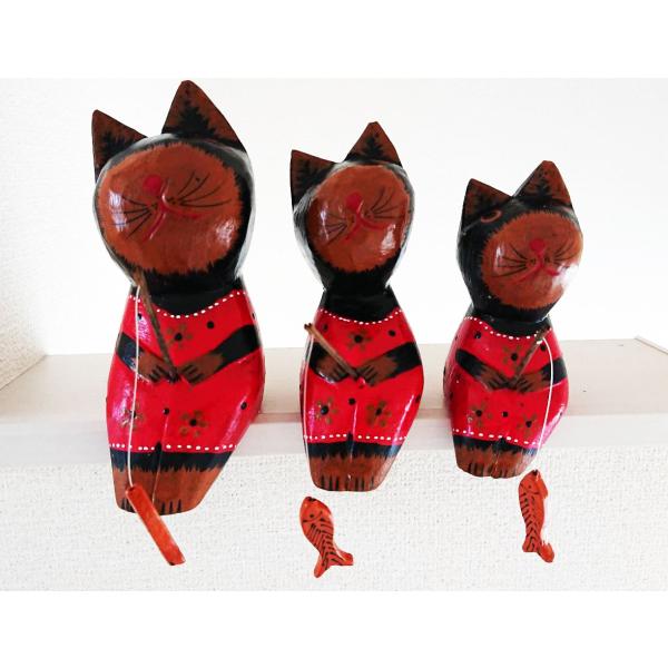 バリ猫 木製 ネコ 猫 釣り 3匹セット（黒赤）置物 アジアン バリ 雑貨
