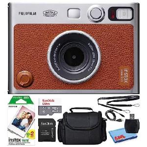Fujifilm Instax Mini EVO Hybrid Instant Film Camera (Brown) (16812534) Bundle with 20 Instant Film Sheets + 32GB Memory Card + Small Padded Case + SD