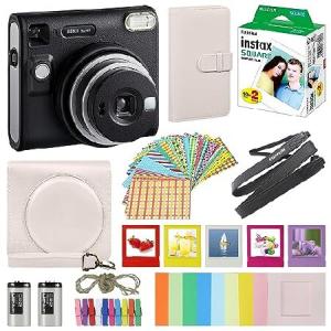 Fujifilm Instax Square SQ40 Instant Camera Black with Carrying Case + Fuji Instax Film Value Pack (20 Sheets) Accessories Bundle, Photo Album, Assorte