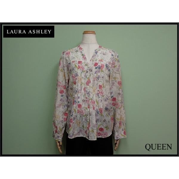 送料無料 LAURA ASHLEY シルク混 花柄ブラウス・UK12△ローラアシュレイ/シャツ/大き...