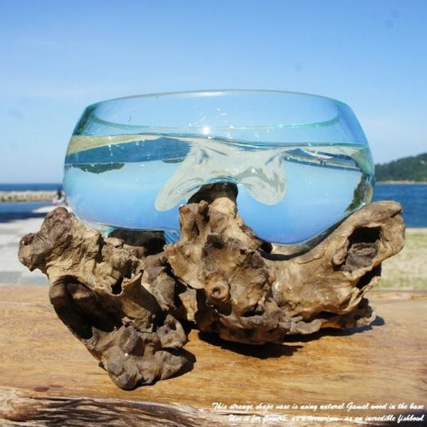 吹きガラスと天然木のオブジェ B25 金魚鉢 メダカ水槽 花瓶 流木ガラス ガラス鉢 プランター 花...