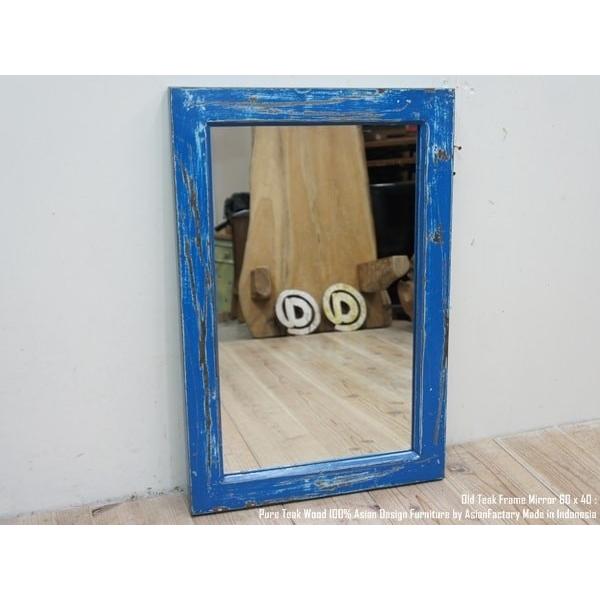オールドチーク無垢材 フレームミラー60cm 壁掛け鏡 青色 アンティークブルー アジアン家具