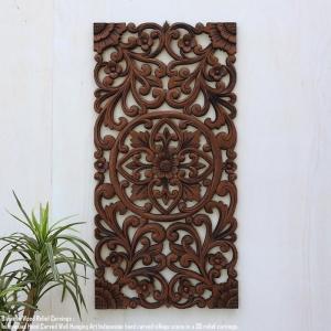 木製 彫刻レリーフ 大型 片面彫り 60×60cm 花 パネル 壁飾り 欄間