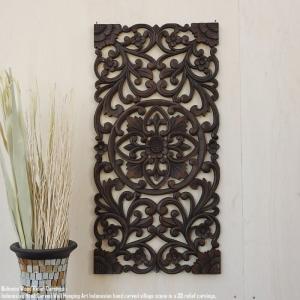 木製 彫刻レリーフ 大型 片面彫り 60×60cm 花 パネル 壁飾り