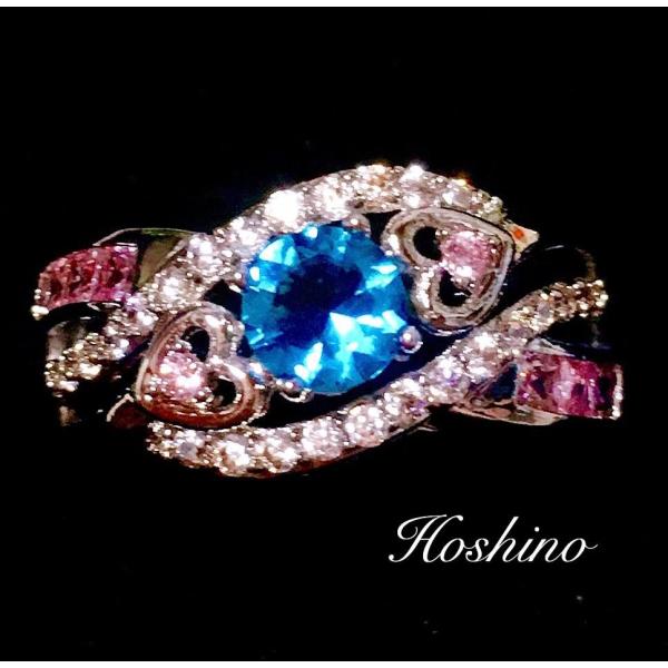 アクアマリン　ピンクサファイア　シルバー　プラチナ 仕上げ　パヴェ　リング