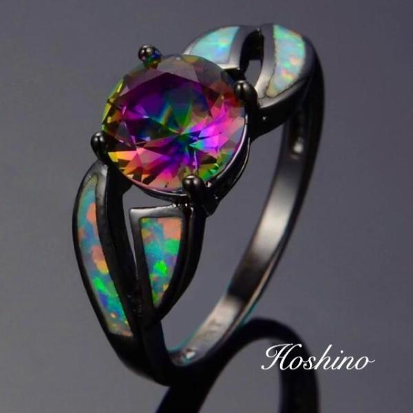 ミスティックトパーズ　ホワイトオパール　リング　10金 ブラックゴールド