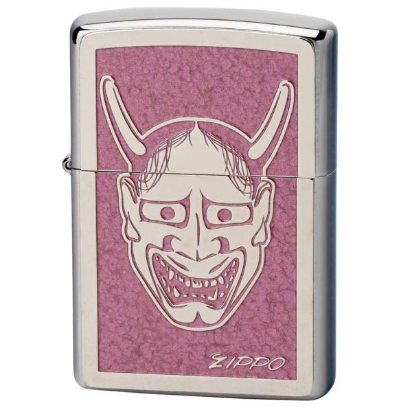 ZIPPO(ジッポ) ライター 和柄 能面 ロゴ ピンク メタルプレート貼り 両面加工 ニッケルのは...