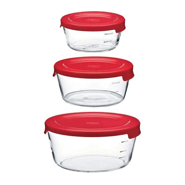 【T】耐熱ガラス製保存容器丸3個セット レッド　2507