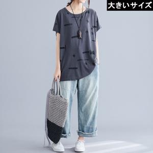 大きいサイズ レディース 透かし柄Tシャツ モノトーン ダメージ加工 チュニック 3L 4L 5L 6L グレー 新入荷 ネコポス可｜queen-more