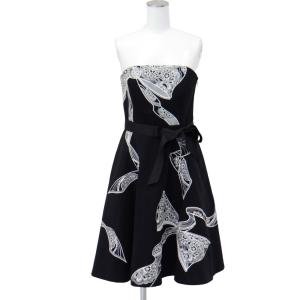 Aライン ワンピース 黒 地 白 刺繍 リボン 柄 チューブ トップ コットン｜queenandking