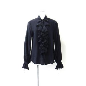 フリルブラウス フリルシャツ ブラウス シャツ フリル 長袖 無地 黒 シルク 100% Mサイズ｜queenandking
