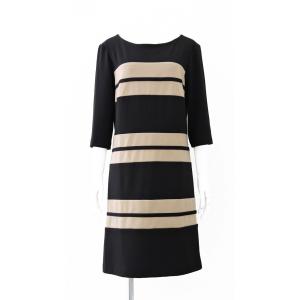 ワンピース ロング ブラウン ボーダー 七分袖 バイカラー 膝丈 カラー ブロック ワンピース Lサイズ｜queenandking