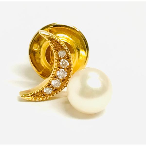 K18ゴールド　ミキモト　タイピン　月モチーフ＆パール　ダイヤ入り　7ｍｍ玉　qoj.YPM25