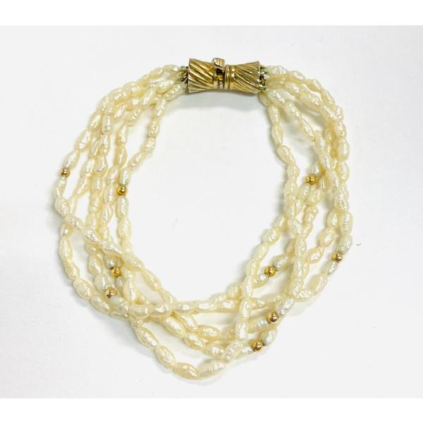 SV925　シルバー(ゴールド色)　ケシパール　5連　ブレスレット　ゴールド珠 qoj.YZD03