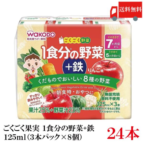 送料無料 和光堂 ごくごく果実 1食分の野菜 +鉄 りんご味 125ml×24本（3本パック×8個）...