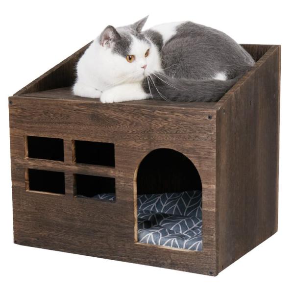 猫ハウス 木製 ウッディキャットハウス ドーム型猫ベッド スクエア 小型犬小屋 温かい ペットハウス...