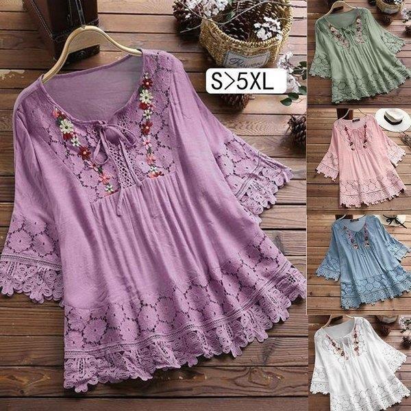 ブラウス レディース トップス 春 夏 5分袖 チュニック リネン混 レース 体型カバー ゆったり ...