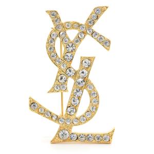 Yves Saint Laurent イヴ・サンローラン ブローチ YSL カサンドラ ロゴ ラインストーン ゴールド アクセサリー アレンジ 中古 美品