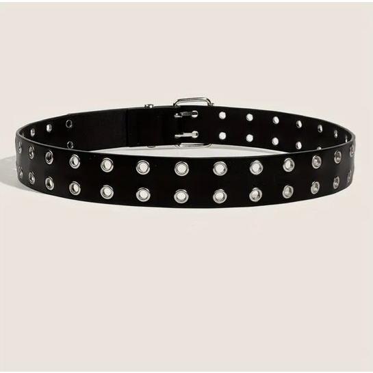 ダブルピンバックルベルト ブラック ヒップホップアイレット リベットスタッド PUウエストバンド パ...