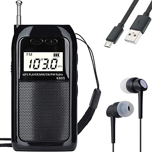 HanRongDa ポケットラジオ 小型 充電式 MP3プレーヤー AM/FM/ワイドFM対応/短波...