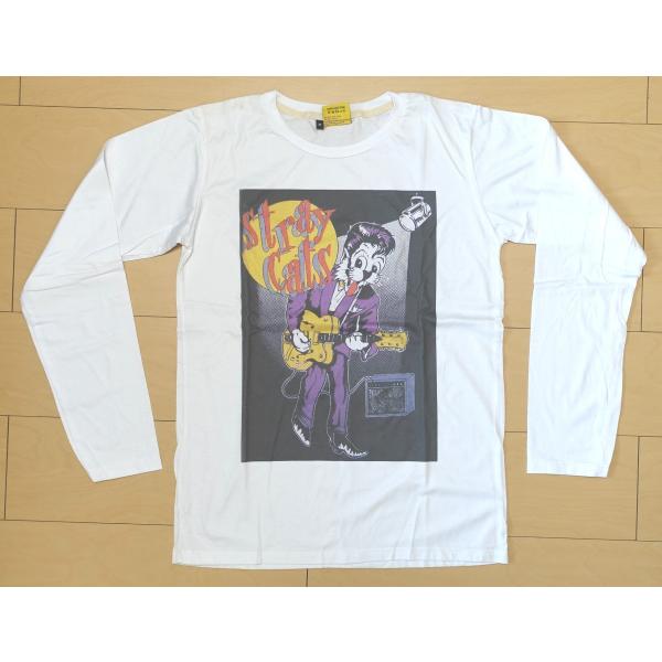 ストレイキャッツ（Stray Cats) 長袖 洋楽 ホワイト ロックTシャツ (M)