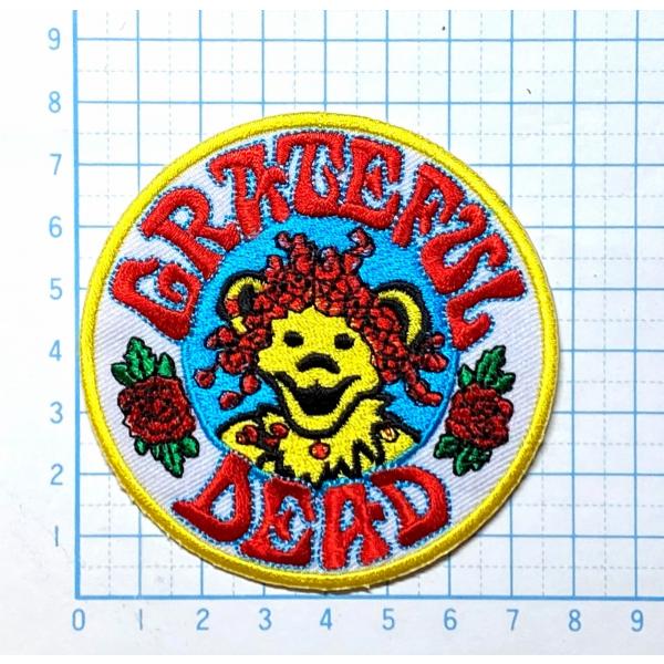 グレイトフルデッド ベア×薔薇 ロゴ  (丸型・円型) 【ロック ワッペン 刺繍 アイロンワッペン】