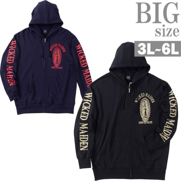ジップパーカー 大きいサイズ メンズ SHELTY プリントパーカ スウェット マリア像 ロゴ C0...