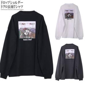 プリントTシャツ 長袖 メンズ ドクロ スカル 花柄 ドロップショルダー オーバーサイズ ルーズ Q030318-01｜rag001