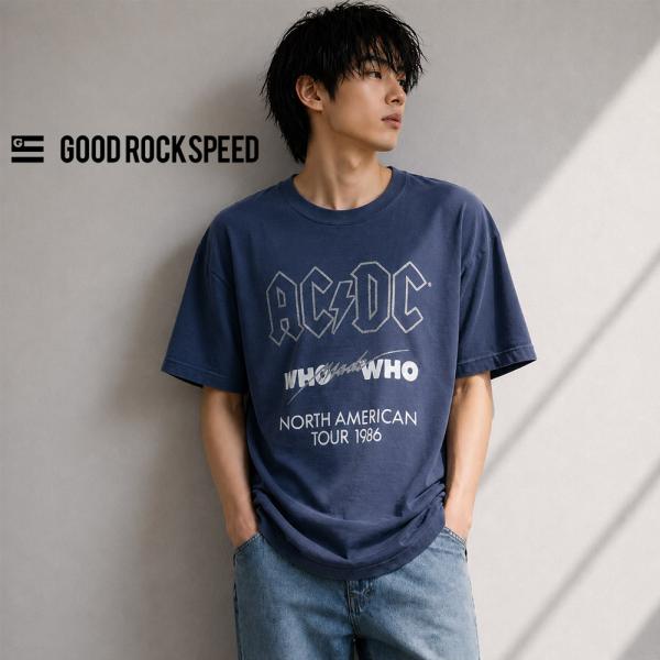 ヴィンテージ加工 ロックTシャツ エーシーディーシー グリッタープリント Tシャツ AC/DC GL...