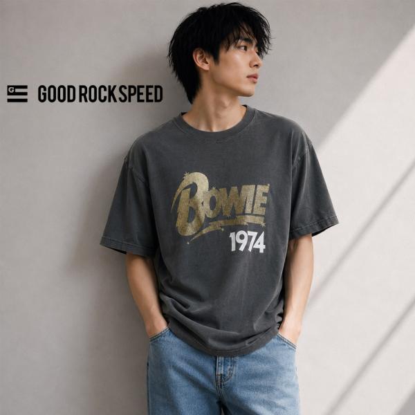 ヴィンテージ加工 ロックTシャツ デヴィッドボウイ グリッタープリントTシャツ DAVIDBOWIE...
