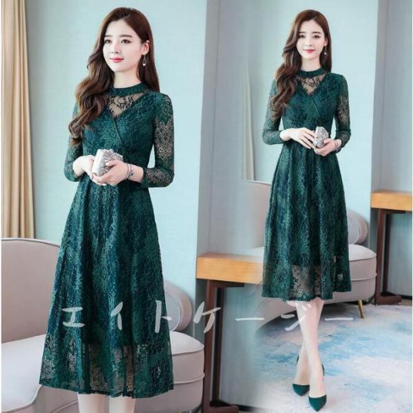 パーティードレス安い可愛い結婚式ワンピースレースドレスワンピースお呼ばれフォーマル緑20代30代40...