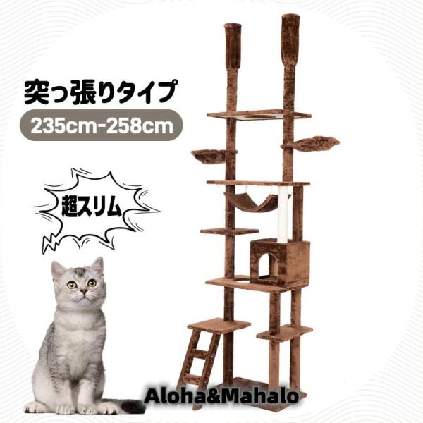 キャットタワー 突っ張り スリム 猫タワー おしゃれ 全高235-258cm 爪とぎ つっぱり 多頭...